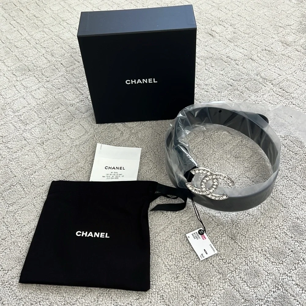 Chanel Black Belt with Crystal Logo size 80